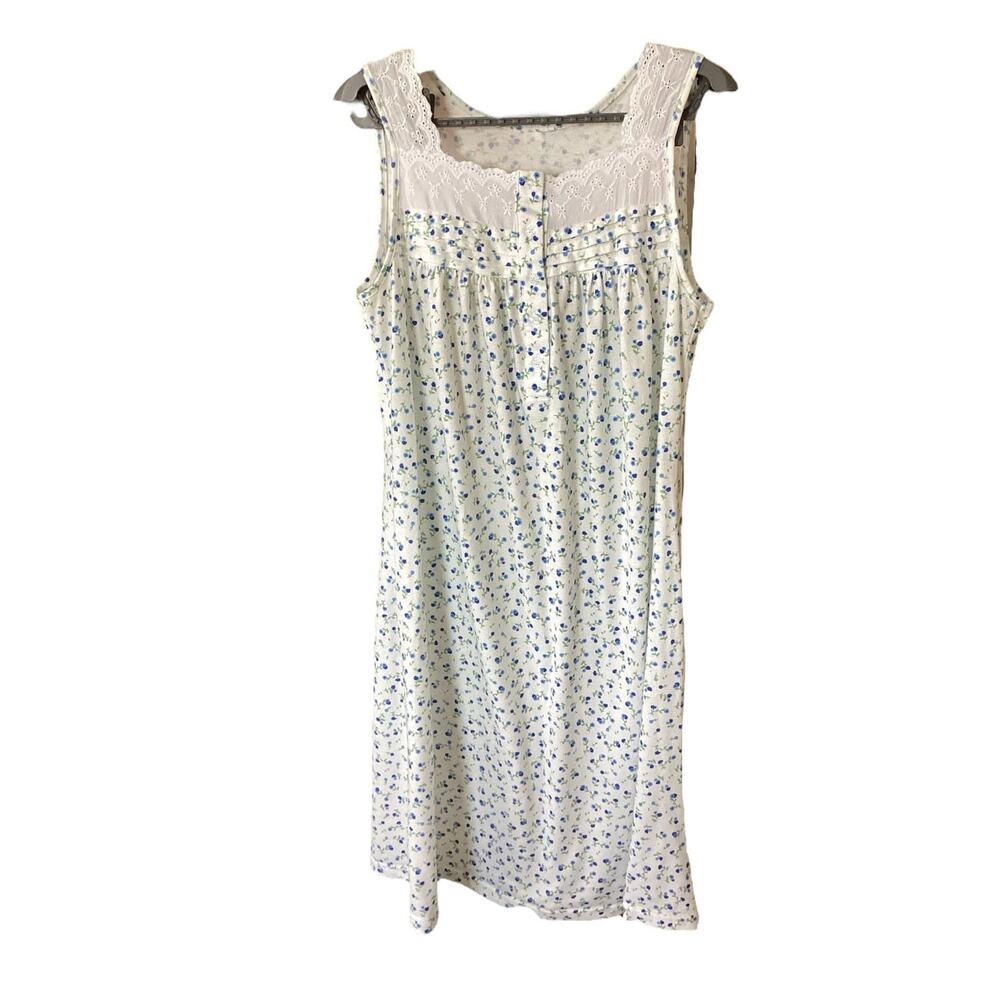 Vintage No Tag Embroidered Lace Neck Blue Flowers Summer Nightgown Size S